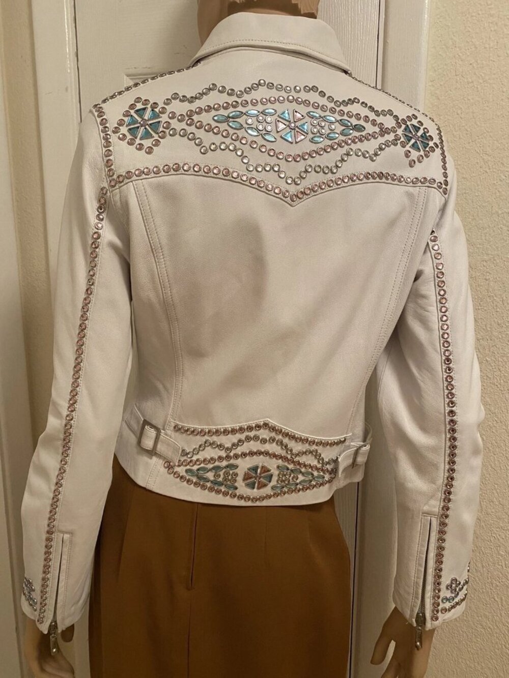CRIPPLE CREEK Off White Leather Rhinestones Embellished Blingy Jacket S Small - Picture 7 of 16